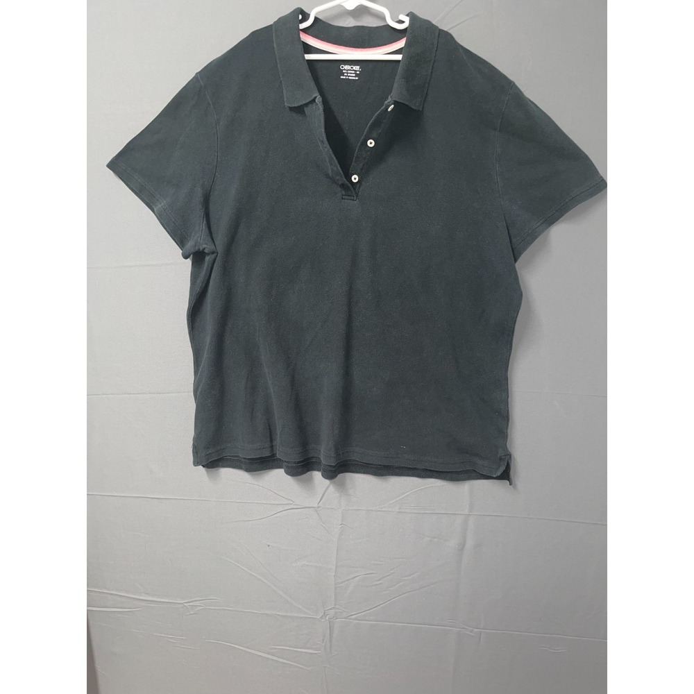 Cherokee Polo Shirt Womens 2XL Black Cotton Stretch Side Slit‎ High Low Hem